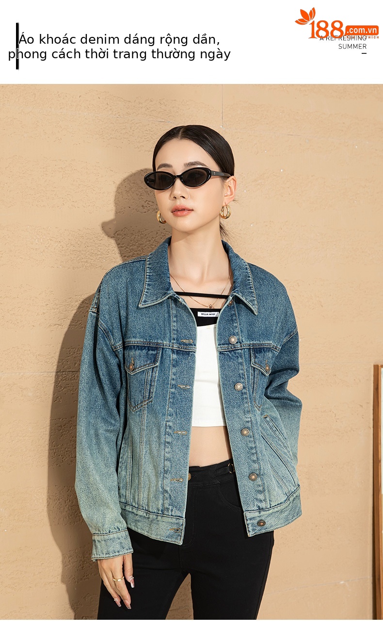 Áo khoác denim nữ dáng rộng phong cách BF — Màu đen chi tiết 1