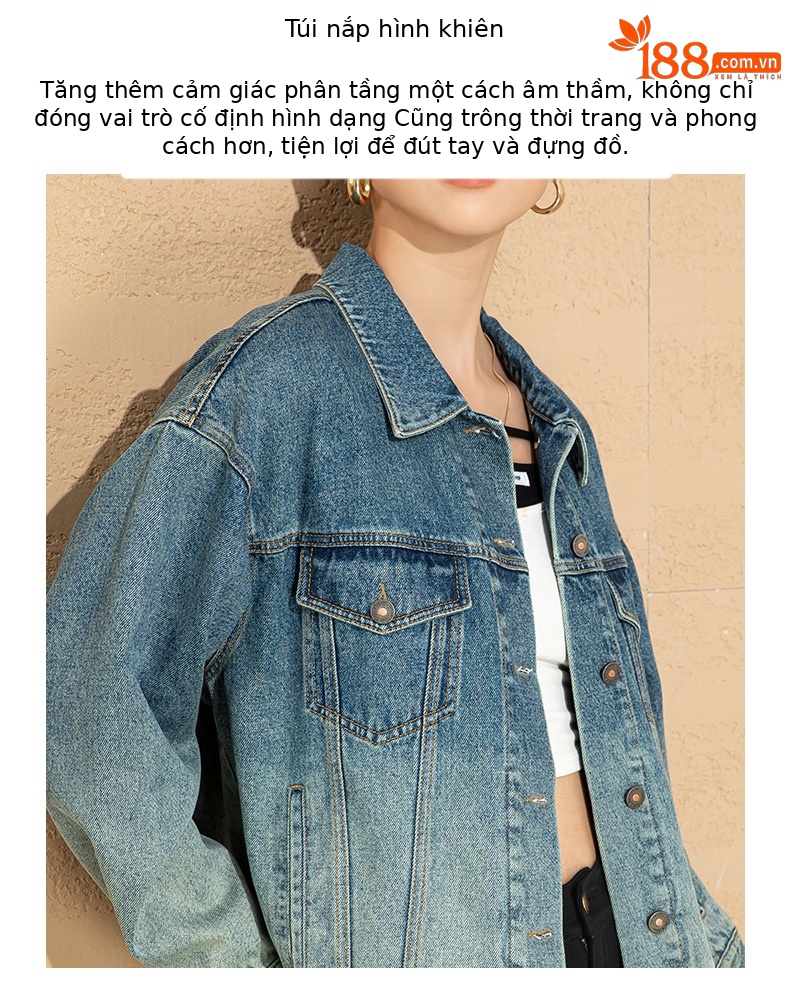 Áo khoác denim nữ dáng rộng phong cách BF — Màu đen chi tiết 7