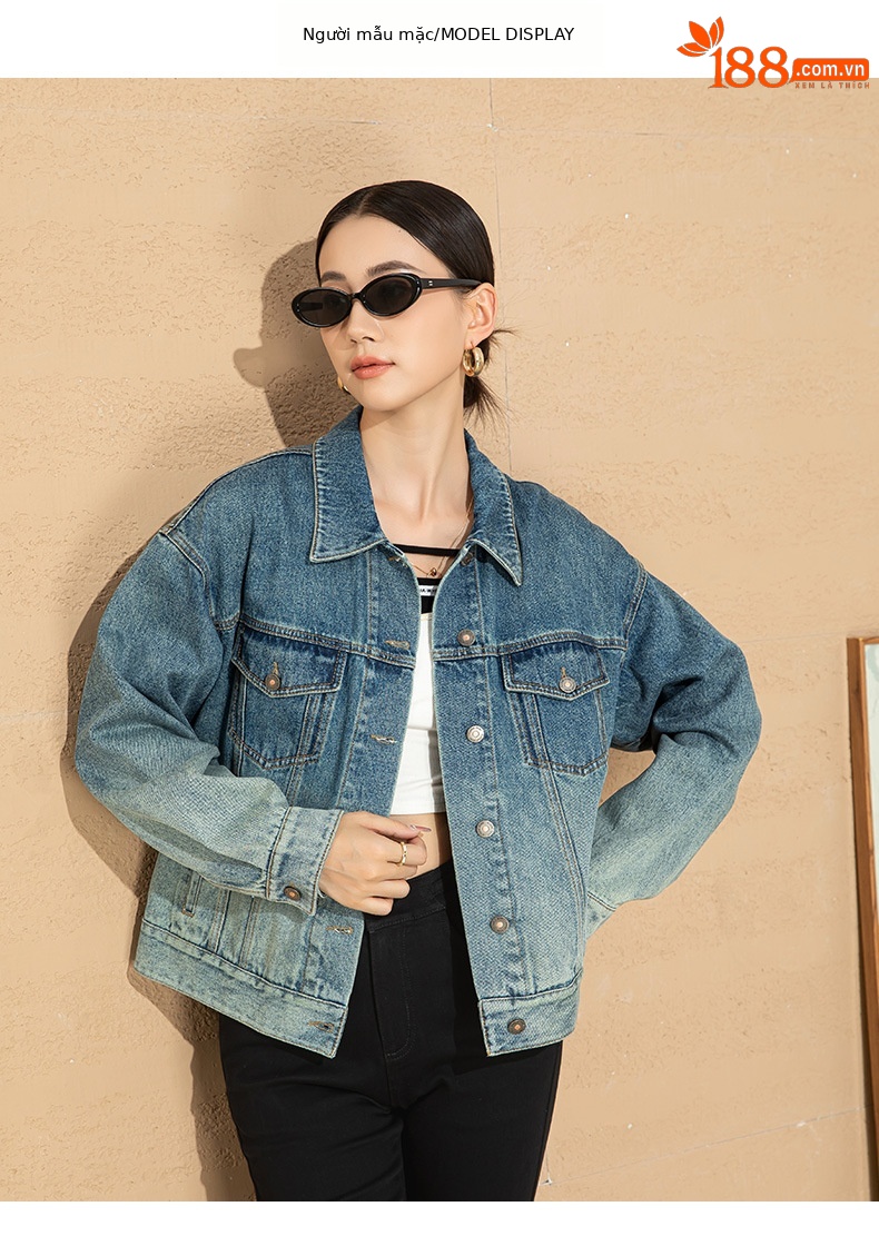 Áo khoác denim nữ dáng rộng phong cách BF — Màu đen chi tiết 12
