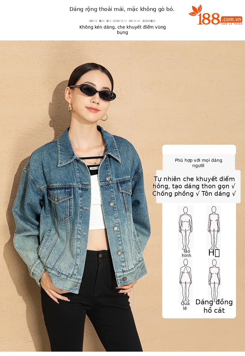 Áo khoác denim nữ dáng rộng phong cách BF — Màu đen chi tiết 10