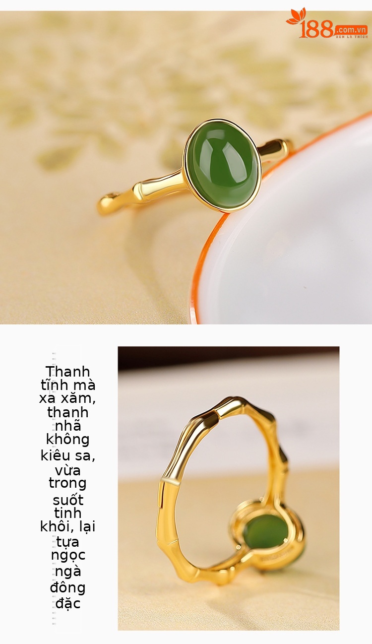 Nhẫn bạc S925 mạ vàng phong cách cổ điển hình trứng khắc họa tiết tre — Kiểu mạ bạch kim chi tiết 3