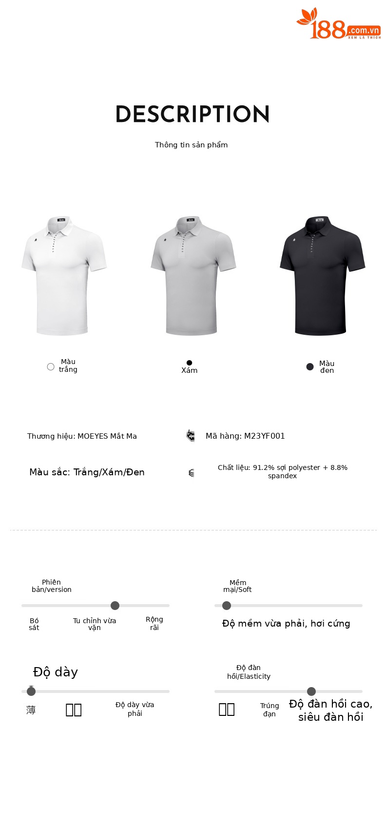 Áo thun thể thao nam ngắn tay chơi golf co giãn cao mềm mại thoáng khí — M23YF001-Đen, M23YF001-màu xám, M23YF001-màu trắng chi tiết 5