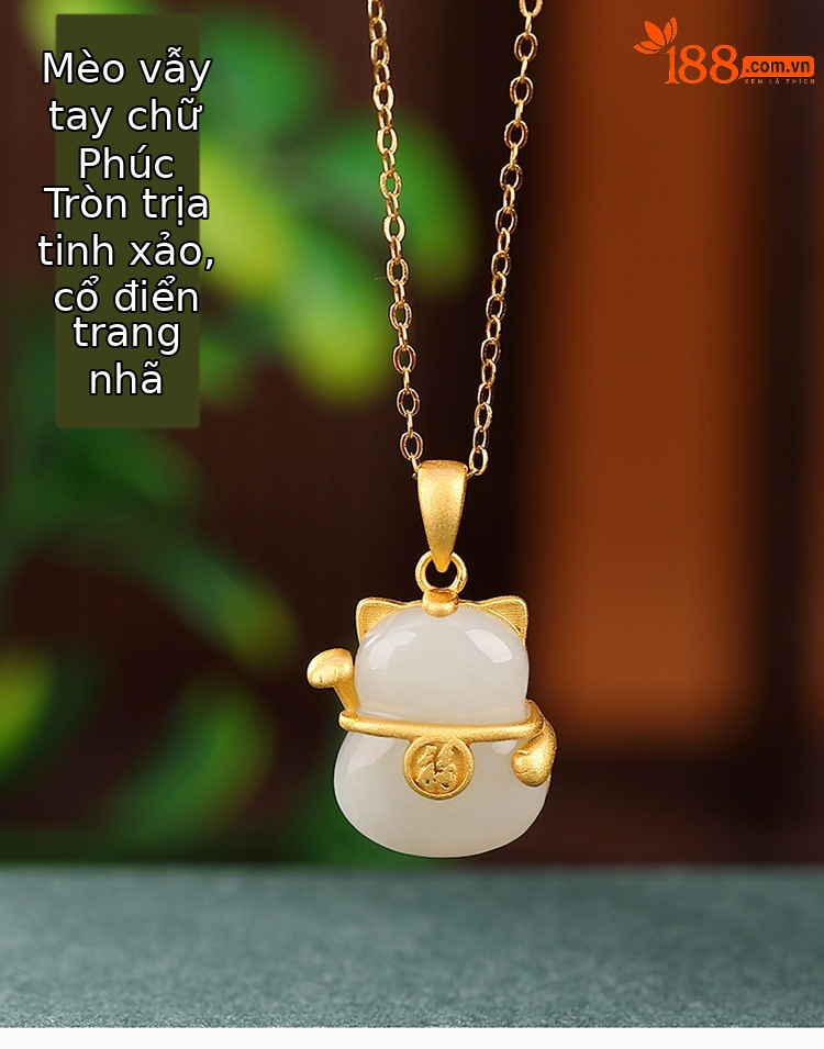 Mặt dây chuyền bạc S925 mạ vàng ngọc bích Hòa Điền hình chữ Phúc mèo may mắn phong cách Trung Hoa — Kiểu mạ vàng (Mặt dây chuyền đơn không có dây chuyền) chi tiết 2