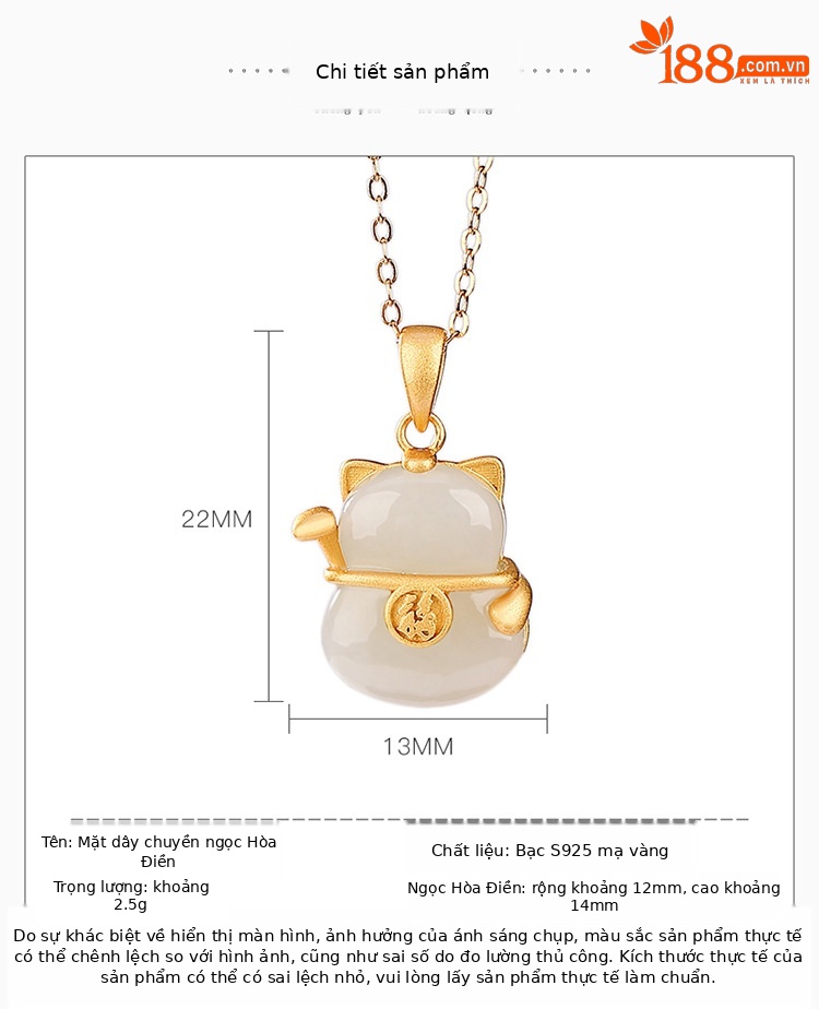 Mặt dây chuyền bạc S925 mạ vàng ngọc bích Hòa Điền hình chữ Phúc mèo may mắn phong cách Trung Hoa — Kiểu mạ vàng (Mặt dây chuyền đơn không có dây chuyền) chi tiết 3