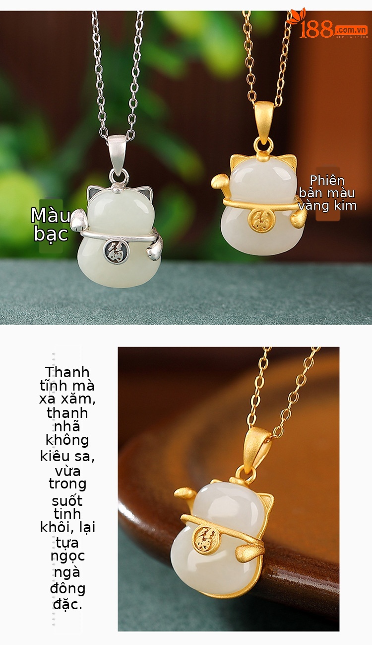 Mặt dây chuyền bạc S925 mạ vàng ngọc bích Hòa Điền hình chữ Phúc mèo may mắn phong cách Trung Hoa — Kiểu mạ vàng (Mặt dây chuyền đơn không có dây chuyền) chi tiết 4