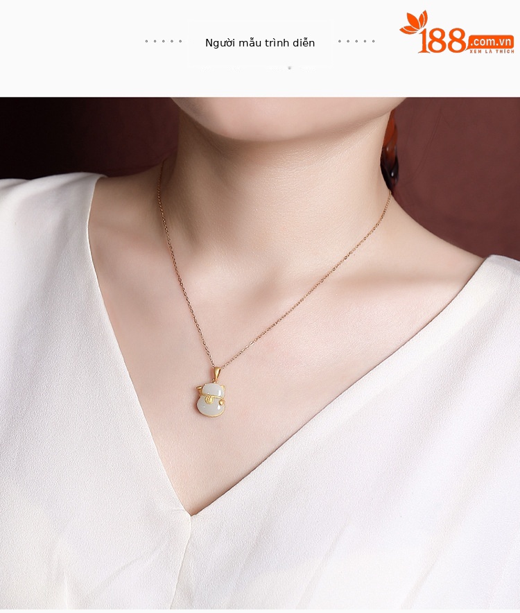 Mặt dây chuyền bạc S925 mạ vàng ngọc bích Hòa Điền hình chữ Phúc mèo may mắn phong cách Trung Hoa — Kiểu mạ vàng (Mặt dây chuyền đơn không có dây chuyền) chi tiết 6
