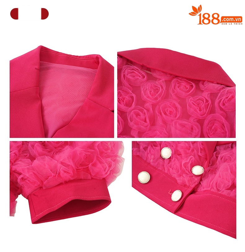 Áo blazer nữ cổ vuông tay ngắn, chất vải lưới hoa hồng nổi 3D, kiểu dáng Chanel — Màu đỏ hoa hồng chi tiết 1