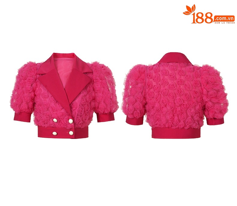 Áo blazer nữ cổ vuông tay ngắn, chất vải lưới hoa hồng nổi 3D, kiểu dáng Chanel — Màu đỏ hoa hồng chi tiết 2