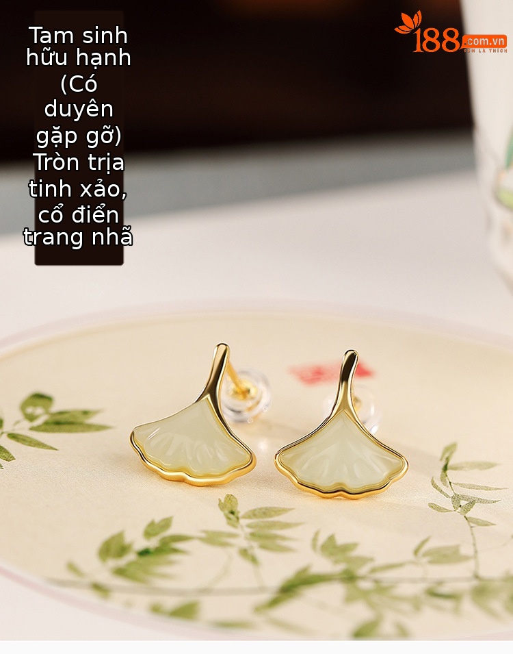 Bông tai lá bạch quả ngọc bích Hetian mạ vàng bạc S925 phong cách OL nhỏ tinh tế — Kiểu mạ bạch kim chi tiết 2