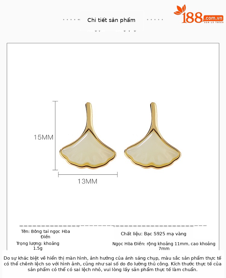 Bông tai lá bạch quả ngọc bích Hetian mạ vàng bạc S925 phong cách OL nhỏ tinh tế — Kiểu mạ bạch kim chi tiết 3