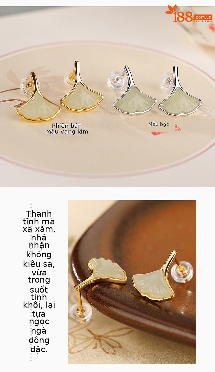 Bông tai lá bạch quả ngọc bích Hetian mạ vàng bạc S925 phong cách OL nhỏ tinh tế — Kiểu mạ bạch kim chi tiết 4