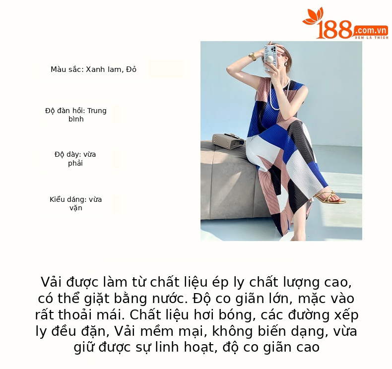 Đầm suông midi xếp ly không tay họa tiết ca rô — Màu xanh lam chi tiết 3