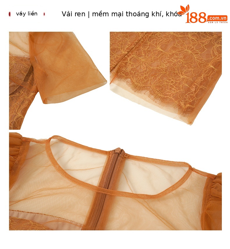 Váy maxi nữ voan quây thắt eo ren kiểu Pháp sang trọng — Màu cam bưởi chi tiết 3