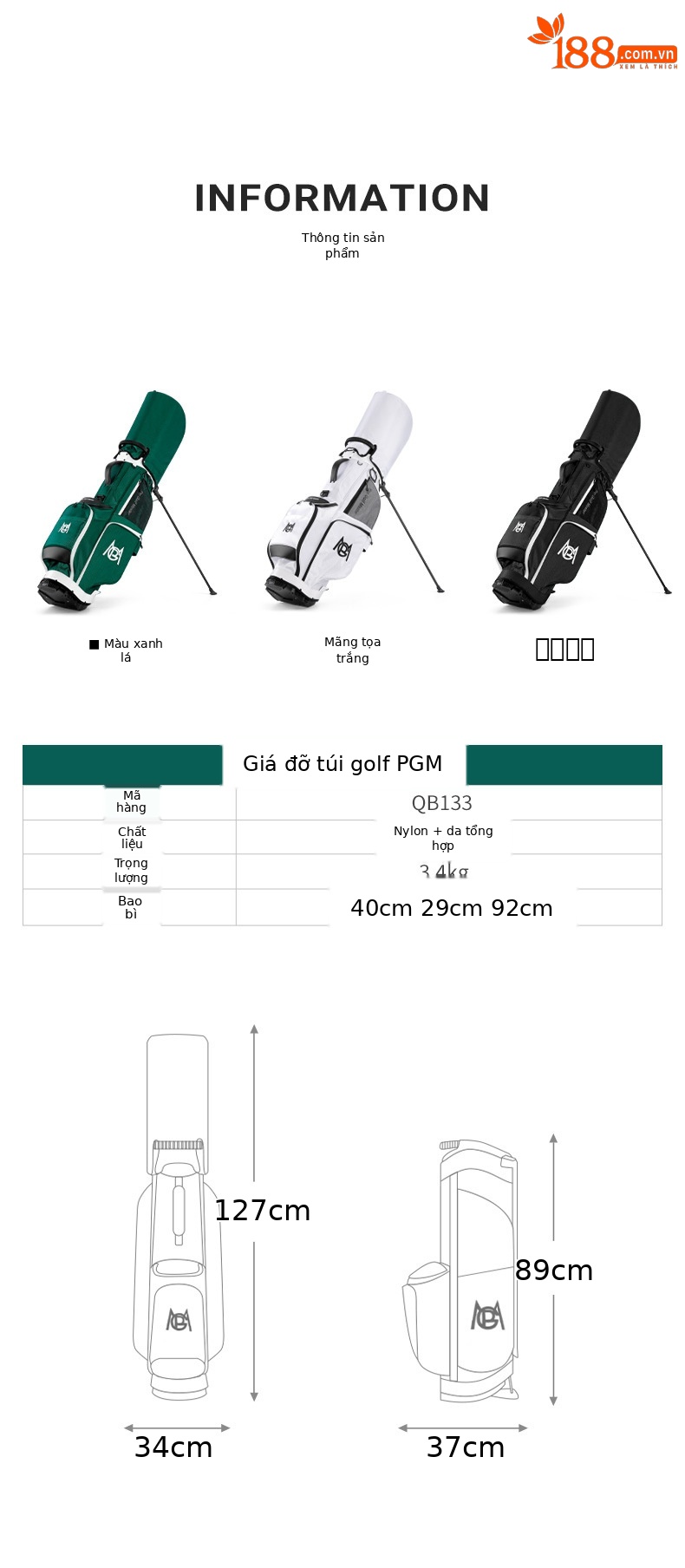 Túi đựng gậy golf PGM phong cách Hàn Quốc, chất liệu nylon bền bỉ, có mũ túi đôi — Qb133-màu xanh lá cây [mũ túi bóng ĐÔI], Qb133-đen [mũ túi bóng ĐÔI], Qb133-trắng [mũ túi bóng ĐÔI] chi tiết 7