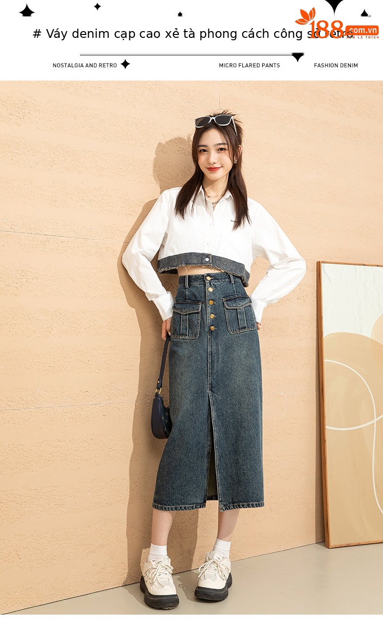 Chân váy denim cạp cao chữ A dáng dài vừa phong cách cổ điển tôn dáng — Màu xanh lam chi tiết 1