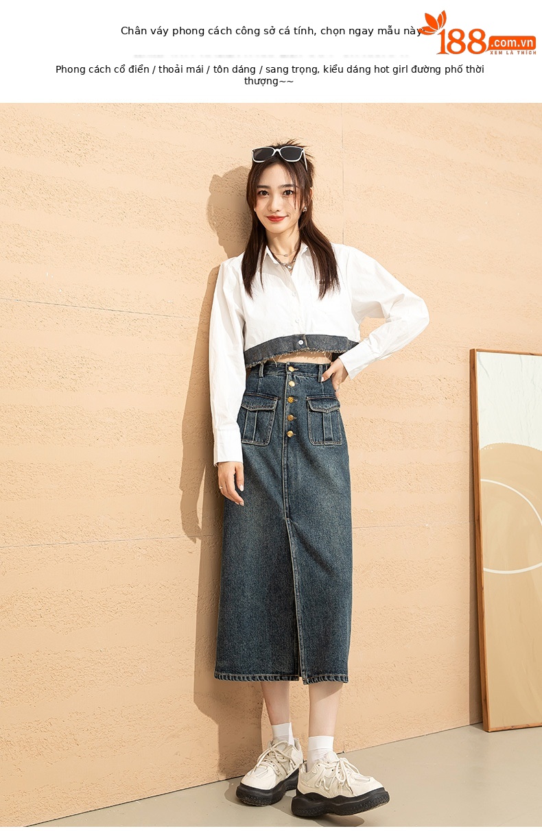 Chân váy denim cạp cao chữ A dáng dài vừa phong cách cổ điển tôn dáng — Màu xanh lam chi tiết 4