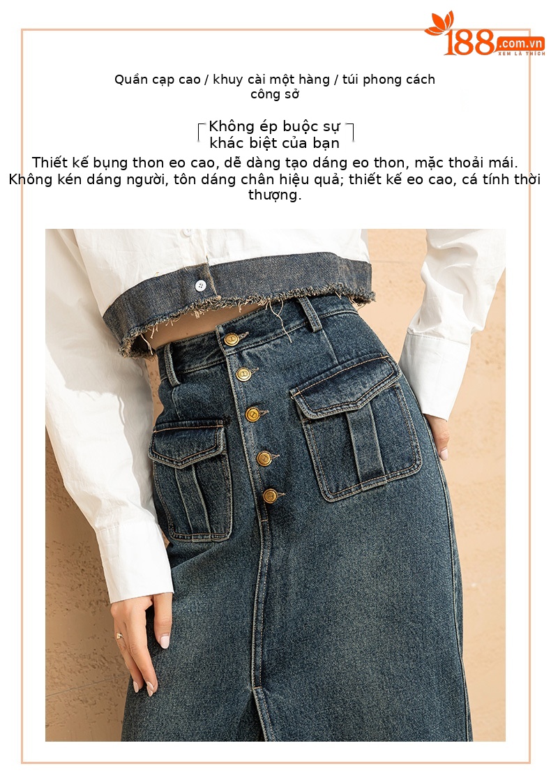 Chân váy denim cạp cao chữ A dáng dài vừa phong cách cổ điển tôn dáng — Màu xanh lam chi tiết 6