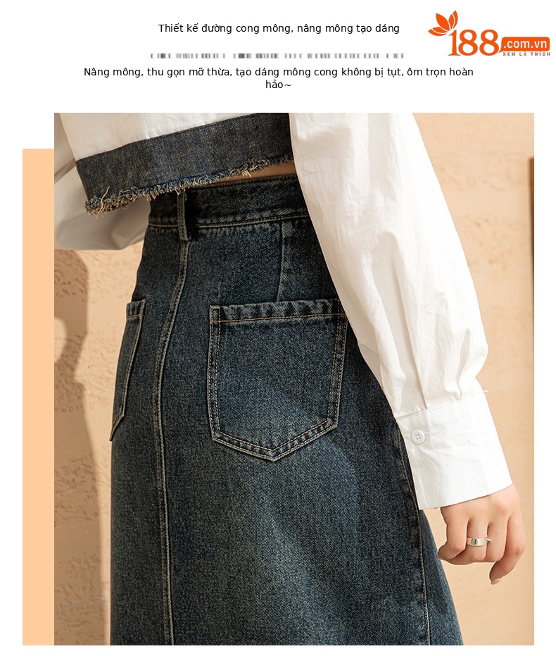 Chân váy denim cạp cao chữ A dáng dài vừa phong cách cổ điển tôn dáng — Màu xanh lam chi tiết 7