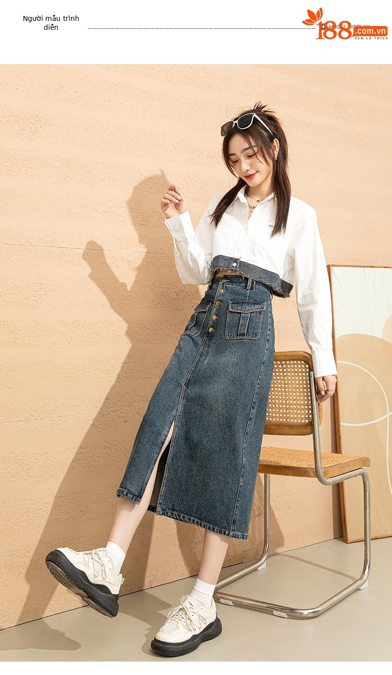 Chân váy denim cạp cao chữ A dáng dài vừa phong cách cổ điển tôn dáng — Màu xanh lam chi tiết 10