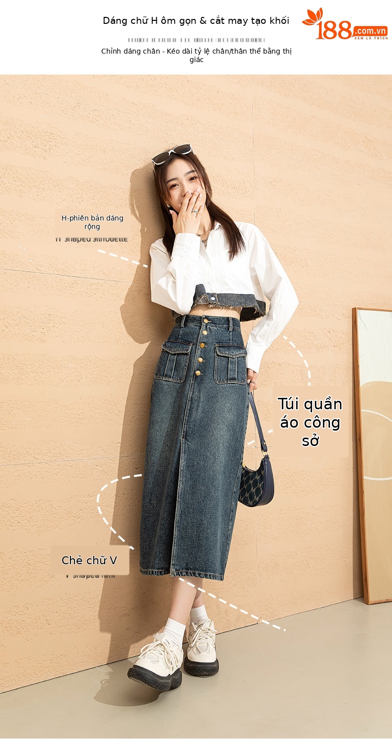 Chân váy denim cạp cao chữ A dáng dài vừa phong cách cổ điển tôn dáng — Màu xanh lam chi tiết 5