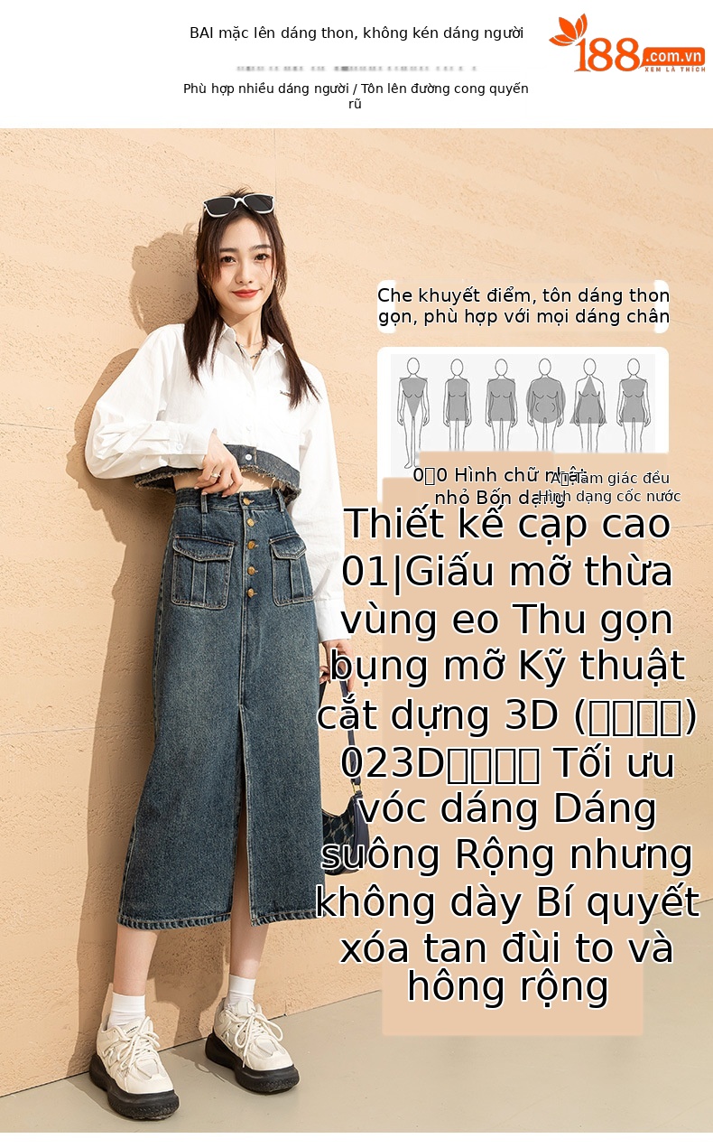 Chân váy denim cạp cao chữ A dáng dài vừa phong cách cổ điển tôn dáng — Màu xanh lam chi tiết 9