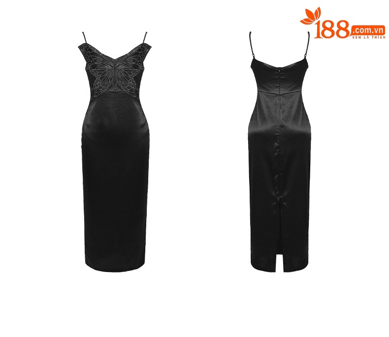 Váy dài maxi nữ cổ chữ V dây mảnh eo cao kiểu Pháp — Màu đen chi tiết 4