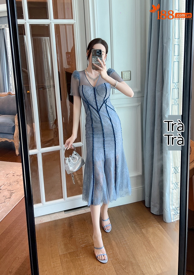 Váy ren đuôi cá cổ chữ V thanh lịch kiểu Pháp, váy dài phong cách trưởng thành — Xanh lam mộng mơ chi tiết 4