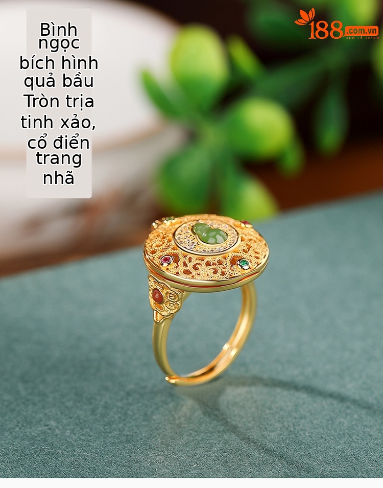 Nhẫn nữ bạc S925 mạ vàng đính ngọc bầu dục phong cách retro có thể điều chỉnh — Kiểu mạ bạch kim chi tiết 1