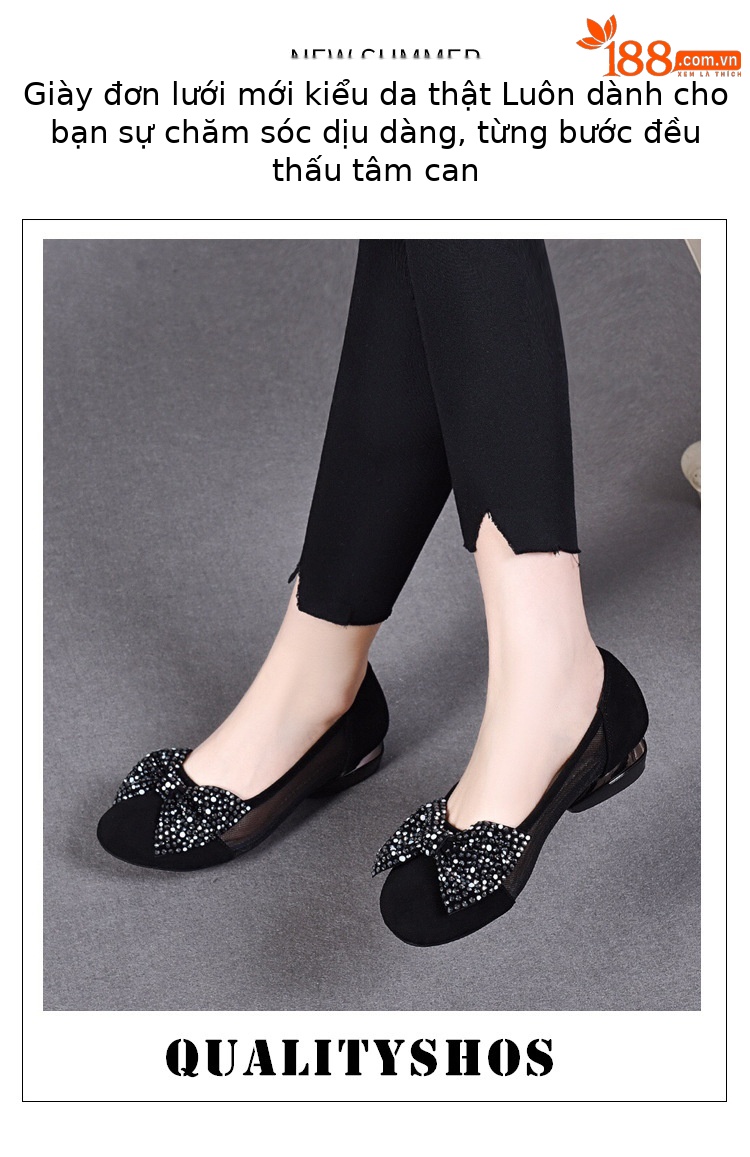 Sandal nữ đế bệt da thật mũi tròn gót vuông quai chữ V nơ bướm thoáng khí — Màu đen chi tiết 1