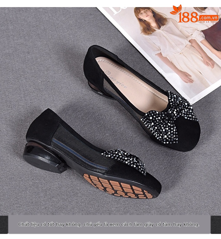 Sandal nữ đế bệt da thật mũi tròn gót vuông quai chữ V nơ bướm thoáng khí — Màu đen chi tiết 2