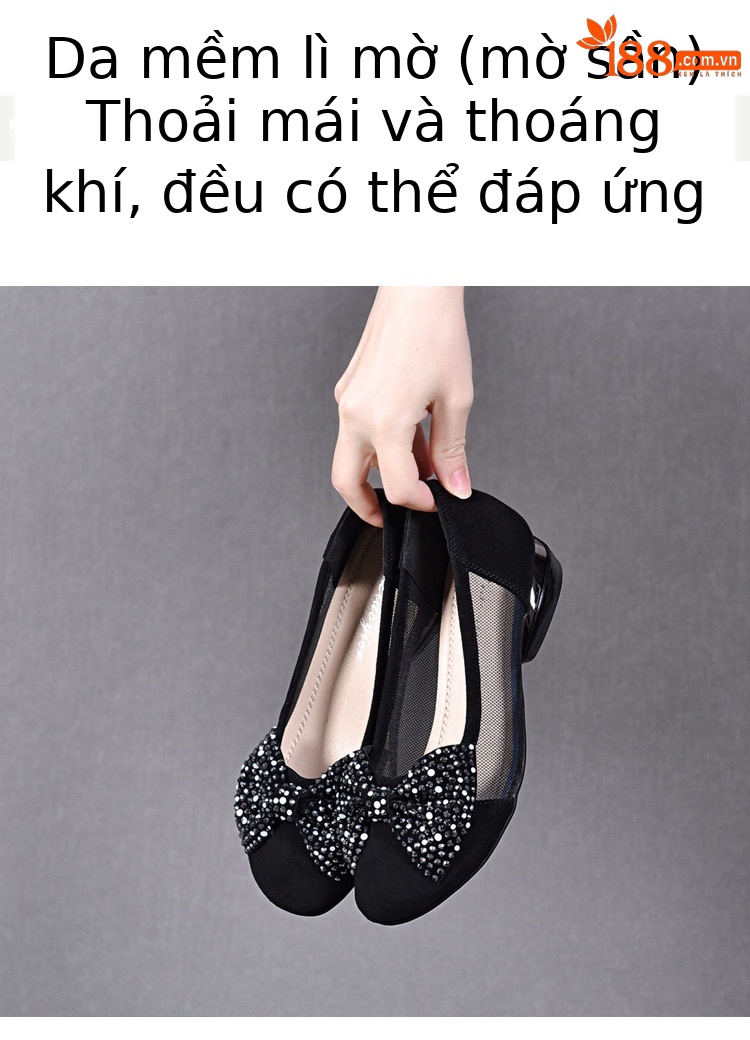 Sandal nữ đế bệt da thật mũi tròn gót vuông quai chữ V nơ bướm thoáng khí — Màu đen chi tiết 4
