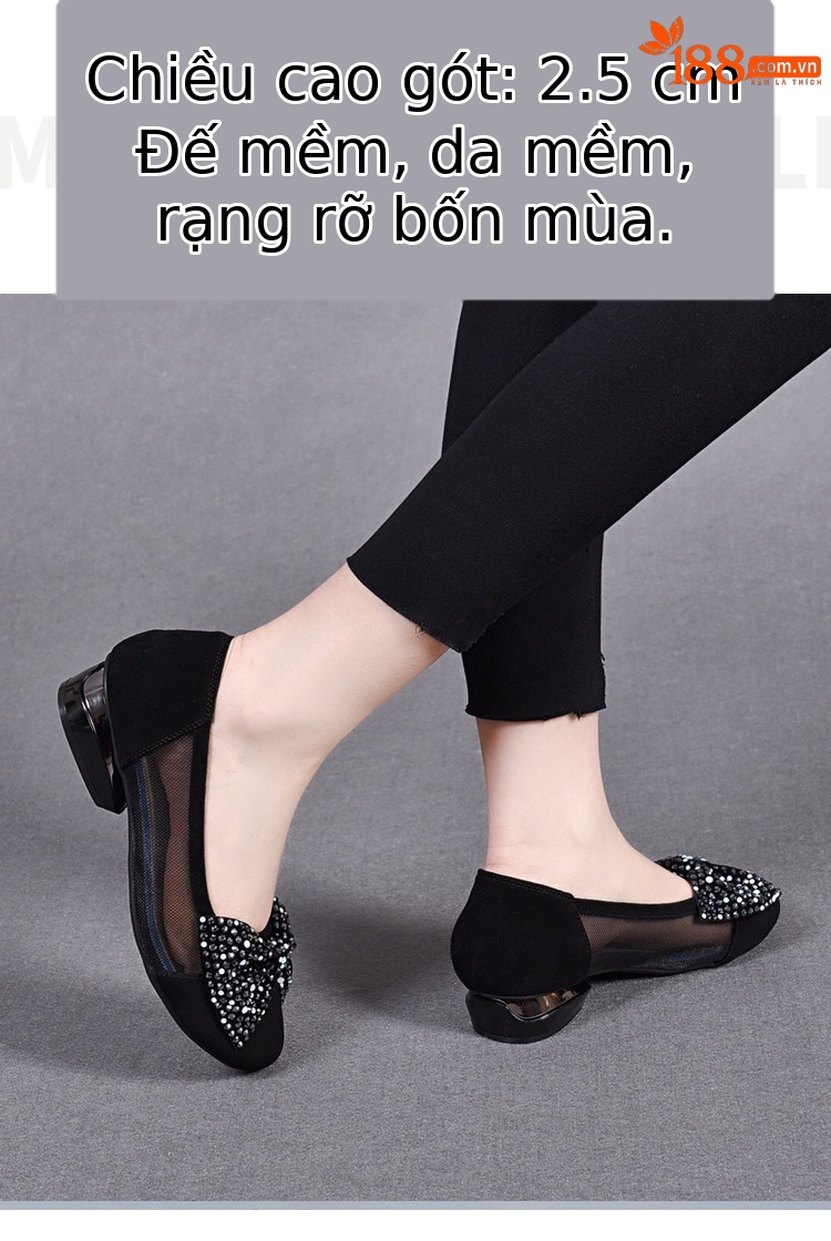 Sandal nữ đế bệt da thật mũi tròn gót vuông quai chữ V nơ bướm thoáng khí — Màu đen chi tiết 5