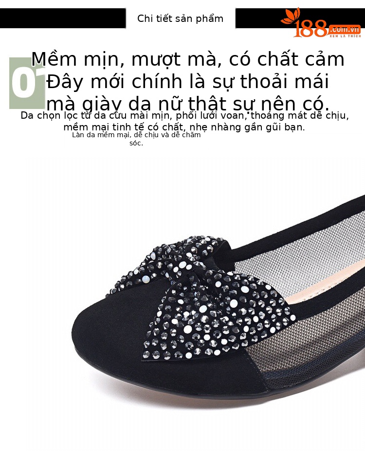 Sandal nữ đế bệt da thật mũi tròn gót vuông quai chữ V nơ bướm thoáng khí — Màu đen chi tiết 8