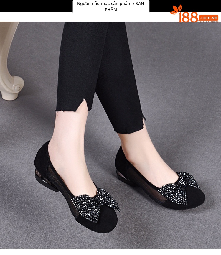 Sandal nữ đế bệt da thật mũi tròn gót vuông quai chữ V nơ bướm thoáng khí — Màu đen chi tiết 10