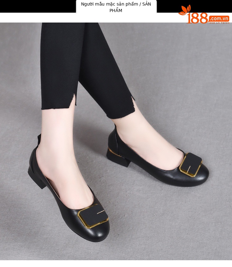 Giày bệt nữ mũi tròn da thật đế mềm miệng nông — Màu đen chi tiết 10