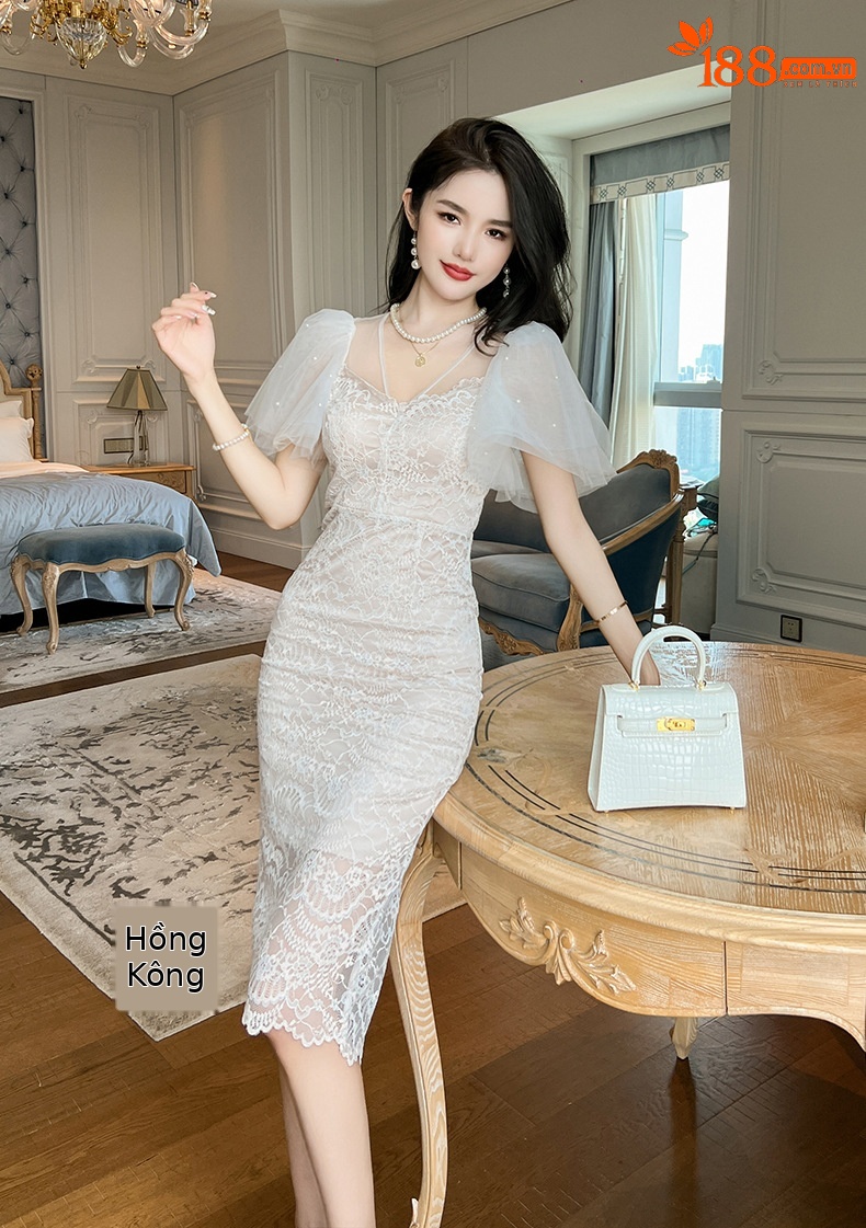 Váy liền ren chiết eo tay phồng lưới kiểu Pháp mẫu mới mùa hè thiết kế tiên nữ — Màu vỏ sò chi tiết 9