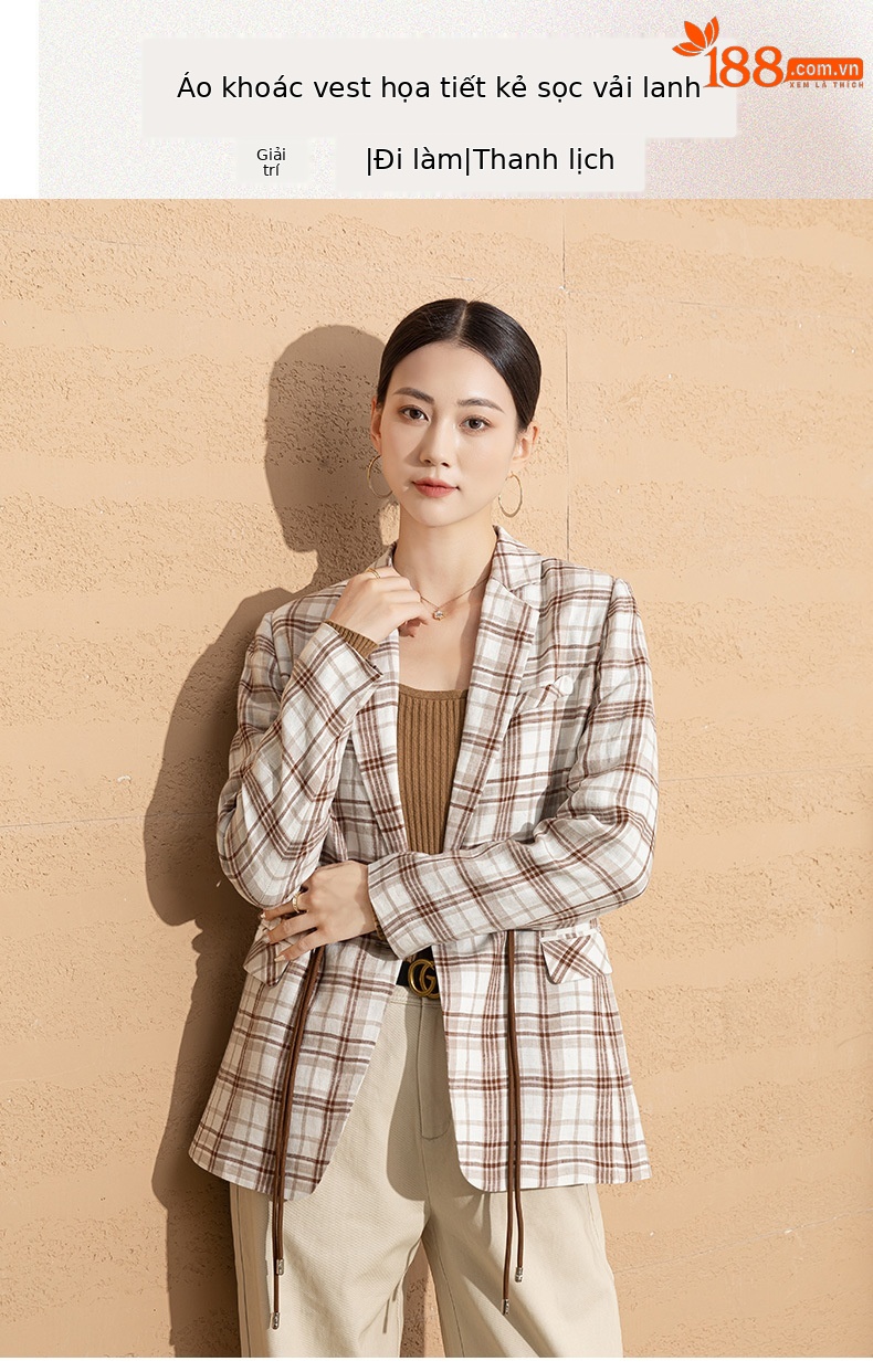 Áo blazer nữ vải lanh kẻ caro thiết kế độc đáo dáng ngắn — Ca rô chi tiết 1
