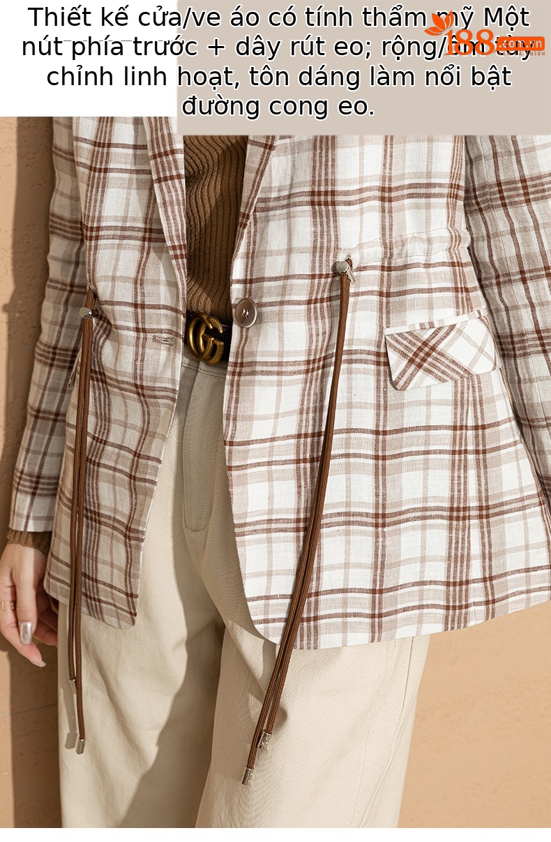 Áo blazer nữ vải lanh kẻ caro thiết kế độc đáo dáng ngắn — Ca rô chi tiết 5