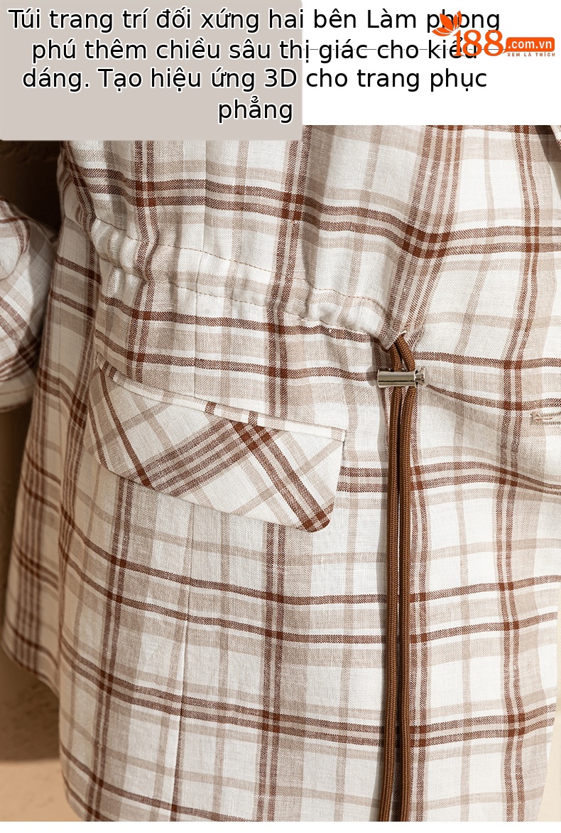 Áo blazer nữ vải lanh kẻ caro thiết kế độc đáo dáng ngắn — Ca rô chi tiết 6