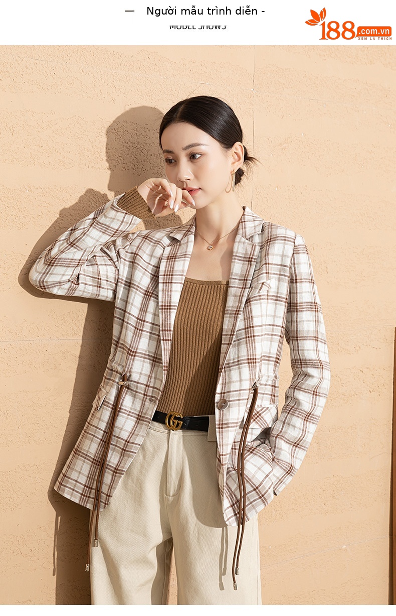 Áo blazer nữ vải lanh kẻ caro thiết kế độc đáo dáng ngắn — Ca rô chi tiết 8