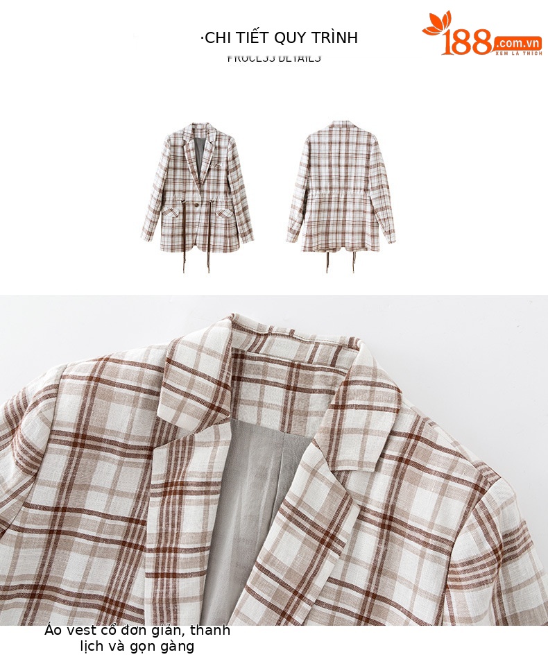 Áo blazer nữ vải lanh kẻ caro thiết kế độc đáo dáng ngắn — Ca rô chi tiết 13