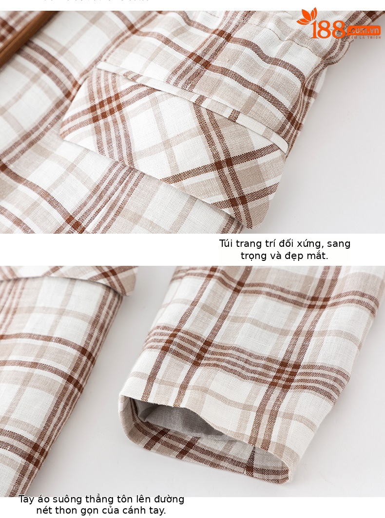 Áo blazer nữ vải lanh kẻ caro thiết kế độc đáo dáng ngắn — Ca rô chi tiết 14