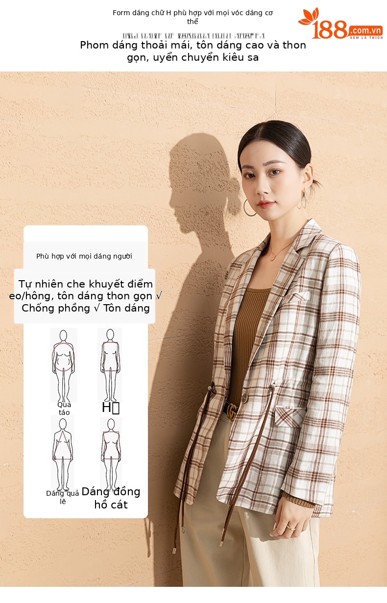 Áo blazer nữ vải lanh kẻ caro thiết kế độc đáo dáng ngắn — Ca rô chi tiết 7