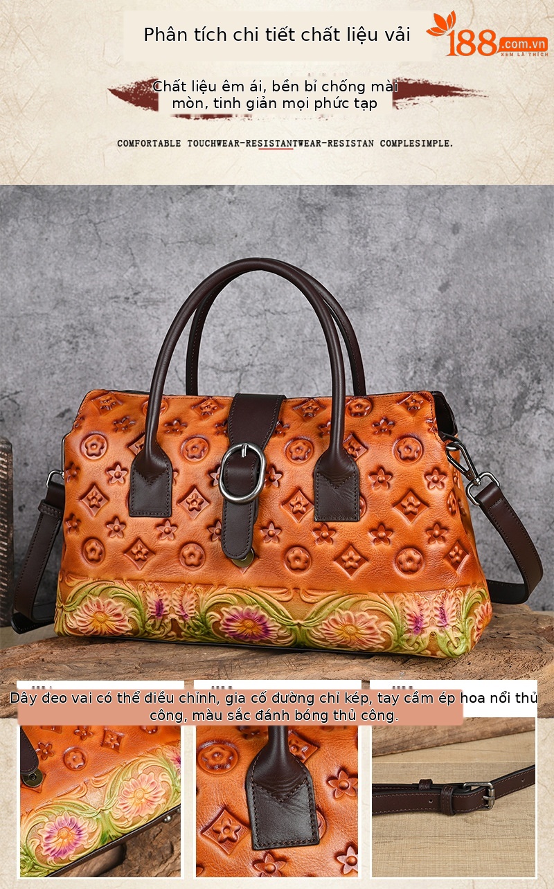 Túi xách tay da thật cổ điển phong cách Trung Quốc, đánh bóng thủ công, đeo vai đa năng (33×10×19 cm) — Xanh lá cổ điển chi tiết 3