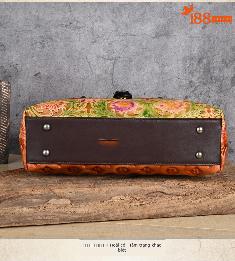 Túi xách tay da thật cổ điển phong cách Trung Quốc, đánh bóng thủ công, đeo vai đa năng (33×10×19 cm) — Xanh lá cổ điển chi tiết 23