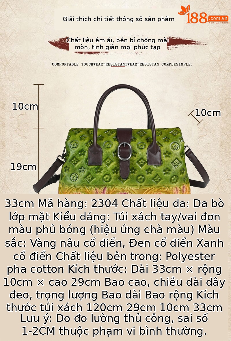 Túi xách tay da thật cổ điển phong cách Trung Quốc, đánh bóng thủ công, đeo vai đa năng (33×10×19 cm) — Xanh lá cổ điển chi tiết 2