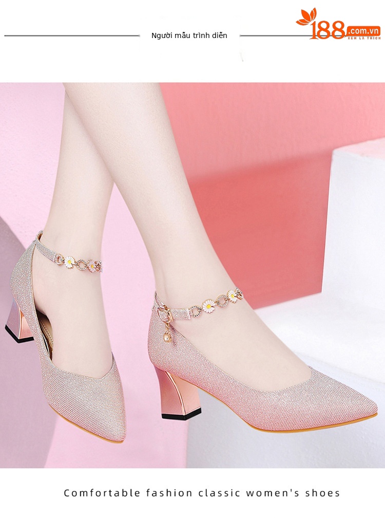 Giày cao gót nữ gót vuông 5-6 cm đế mềm không mỏi chân mùa hè màu sâm panh — L9013 [vàng] cao gót 5CM, L9139 [Đen] cao gót 6CM, L9139 [màu sâm panh] cao gót 6CM, L9013 [Đen] cao gót 5CM chi tiết 6