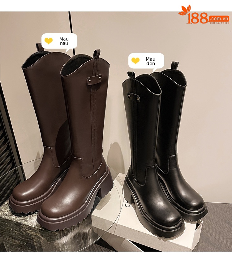 Boot nữ cổ cao mũi tròn gót vuông dày 9 cm, phong cách kỵ sĩ V-cut — Ống lớn màu nâu sẫm lót một lớp chi tiết 10