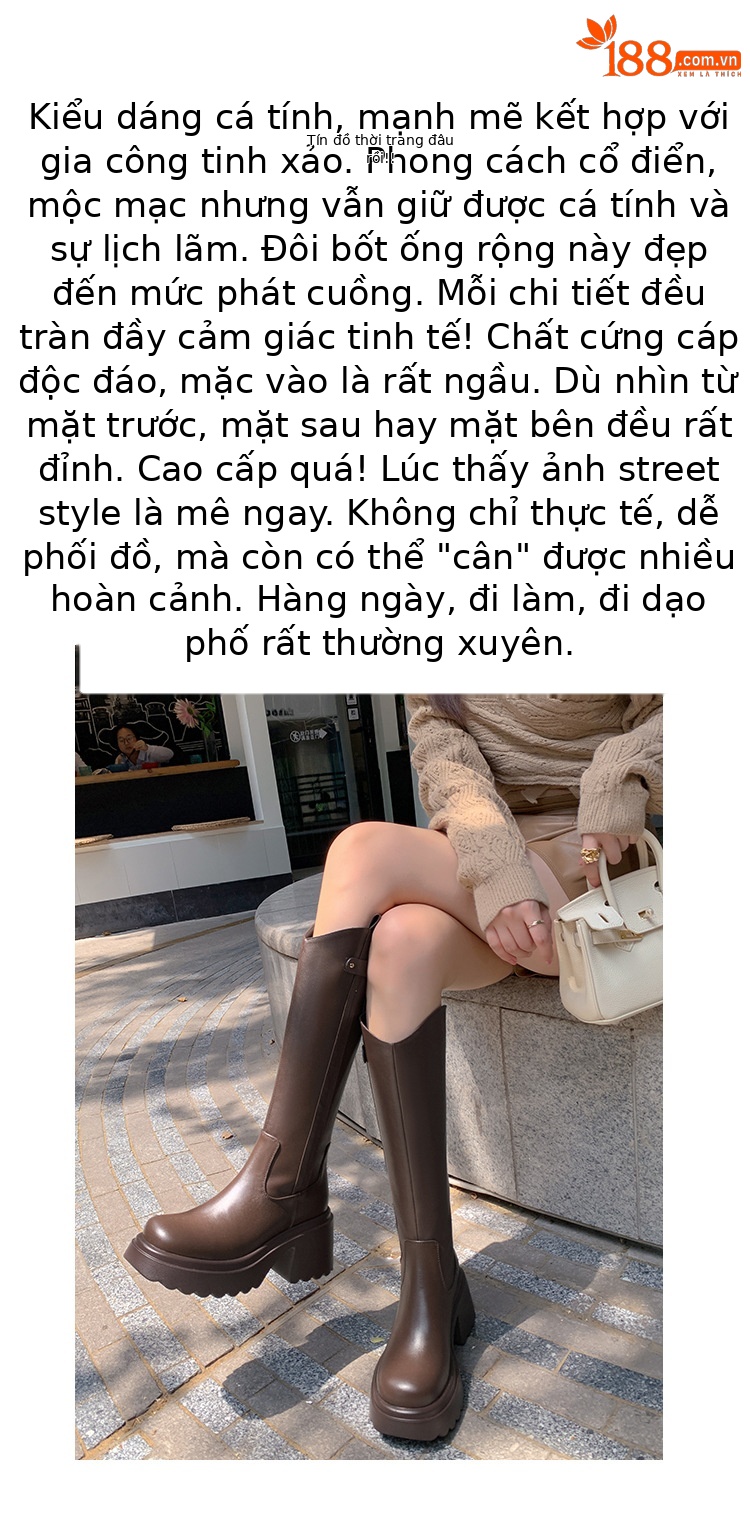Boot nữ cổ cao mũi tròn gót vuông dày 9 cm, phong cách kỵ sĩ V-cut — Ống lớn màu nâu sẫm lót một lớp chi tiết 2