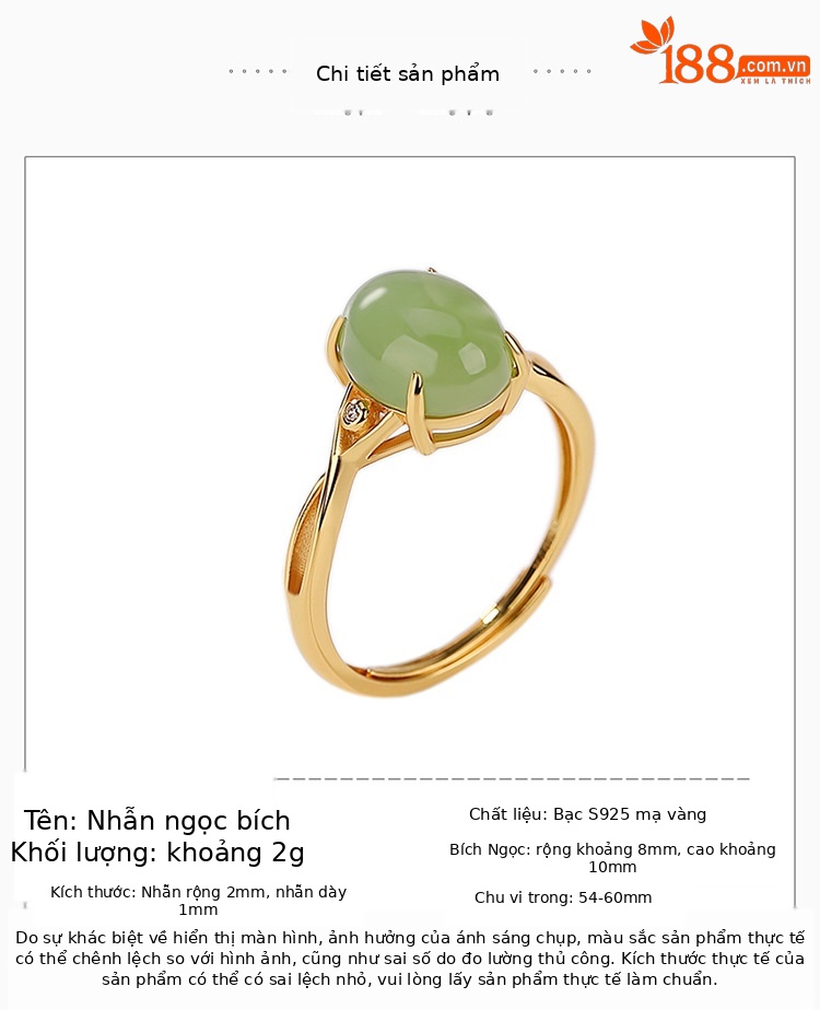Nhẫn bạc S925 mạ vàng đính đá jasper cabochon phong cách đơn giản — Kiểu mạ bạch kim chi tiết 2